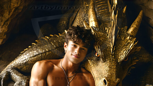 The Dragon Prince - A very attractive shirtless young male prince, with his dragon. The Dragon Prince - A very attractive shirtless young male prince, with a muscular body. Handsome, beautiful facial features, standing next to him a huge dragon, the dragon staring directly at camera, with his piercing eyes, his mouth slightly opened, degerming if we could be a threat.