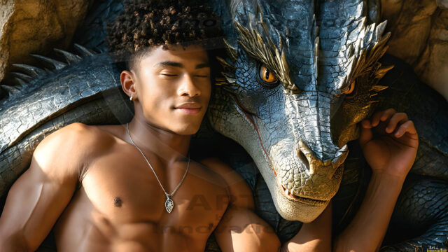The Dragon Prince - A very attractive shirtless young male prince, with his dragon. The Dragon Prince - A very attractive shirtless young male prince, with a muscular body. Handsome, beautiful facial features, standing next to him a huge dragon, the dragon staring directly at camera, with his piercing eyes, his mouth slightly opened, degerming if we could be a threat.