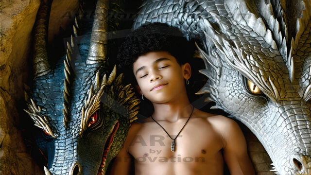 The Dragon Prince - A very attractive shirtless young male prince, with his dragon. The Dragon Prince - A very attractive shirtless young male prince, with a muscular body. Handsome, beautiful facial features, standing next to him a huge dragon, the dragon staring directly at camera, with his piercing eyes, his mouth slightly opened, degerming if we could be a threat.