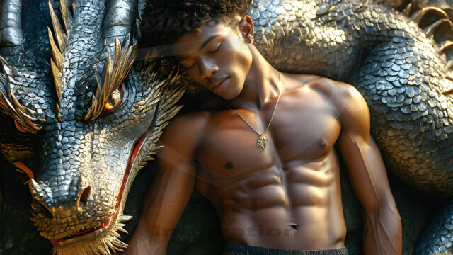 The Dragon Prince - A very attractive shirtless young male prince, with his dragon. The Dragon Prince - A very attractive shirtless young male prince, with a muscular body. Handsome, beautiful facial features, standing next to him a huge dragon, the dragon staring directly at camera, with his piercing eyes, his mouth slightly opened, degerming if we could be a threat.