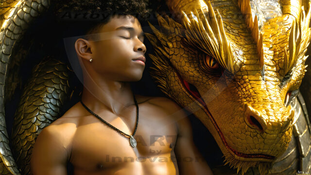 The Dragon Prince - A very attractive shirtless young male prince, with his dragon. The Dragon Prince - A very attractive shirtless young male prince, with a muscular body. Handsome, beautiful facial features, standing next to him a huge dragon, the dragon staring directly at camera, with his piercing eyes, his mouth slightly opened, degerming if we could be a threat.