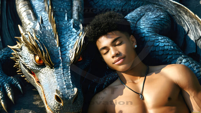 The Dragon Prince - A very attractive shirtless young male prince, with his dragon. The Dragon Prince - A very attractive shirtless young male prince, with a muscular body. Handsome, beautiful facial features, standing next to him a huge dragon, the dragon staring directly at camera, with his piercing eyes, his mouth slightly opened, degerming if we could be a threat.