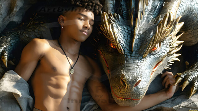 The Dragon Prince - A very attractive shirtless young male prince, with his dragon. The Dragon Prince - A very attractive shirtless young male prince, with a muscular body. Handsome, beautiful facial features, standing next to him a huge dragon, the dragon staring directly at camera, with his piercing eyes, his mouth slightly opened, degerming if we could be a threat.