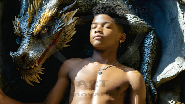 The Dragon Prince - A very attractive shirtless young male prince, with his dragon. The Dragon Prince - A very attractive shirtless young male prince, with a muscular body. Handsome, beautiful facial features, standing next to him a huge dragon, the dragon staring directly at camera, with his piercing eyes, his mouth slightly opened, degerming if we could be a threat.