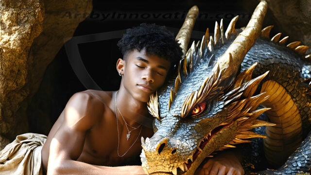 The Dragon Prince - A very attractive shirtless young male prince, with his dragon. The Dragon Prince - A very attractive shirtless young male prince, with a muscular body. Handsome, beautiful facial features, standing next to him a huge dragon, the dragon staring directly at camera, with his piercing eyes, his mouth slightly opened, degerming if we could be a threat.