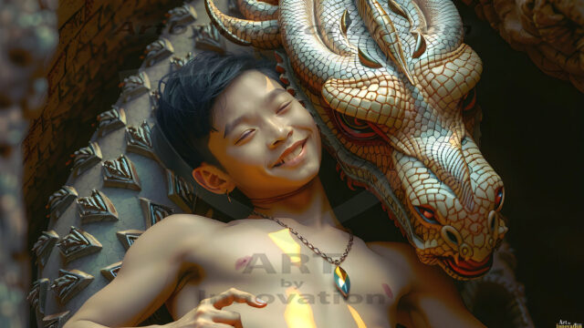 The Dragon Prince - A very attractive shirtless young male prince, with his dragon. The Dragon Prince - A very attractive shirtless young male prince, with a muscular body. Handsome, beautiful facial features, standing next to him a huge dragon, the dragon staring directly at camera, with his piercing eyes, his mouth slightly opened, degerming if we could be a threat.