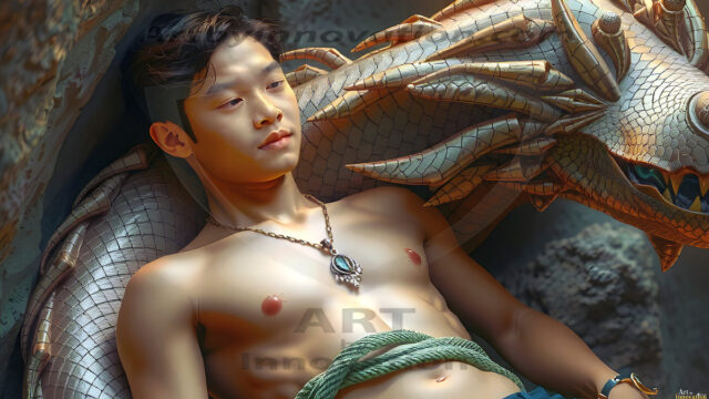 The Dragon Prince - A very attractive shirtless young male prince, with his dragon. The Dragon Prince - A very attractive shirtless young male prince, with a muscular body. Handsome, beautiful facial features, standing next to him a huge dragon, the dragon staring directly at camera, with his piercing eyes, his mouth slightly opened, degerming if we could be a threat.