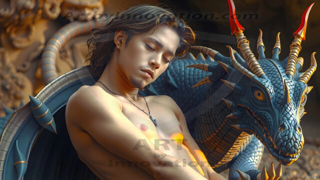The Dragon Prince - A very attractive shirtless young male prince, with his dragon. The Dragon Prince - A very attractive shirtless young male prince, with a muscular body. Handsome, beautiful facial features, standing next to him a huge dragon, the dragon staring directly at camera, with his piercing eyes, his mouth slightly opened, degerming if we could be a threat.