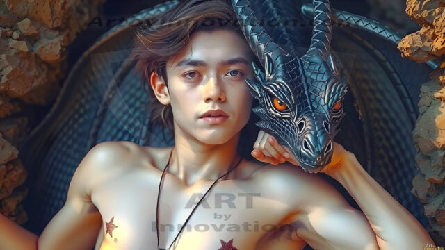 The Dragon Prince - A very attractive shirtless young male prince, with his dragon. The Dragon Prince - A very attractive shirtless young male prince, with a muscular body. Handsome, beautiful facial features, standing next to him a huge dragon, the dragon staring directly at camera, with his piercing eyes, his mouth slightly opened, degerming if we could be a threat.