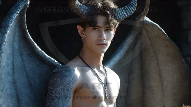 The Dragon Prince - A very attractive shirtless young male prince, with his dragon. The Dragon Prince - A very attractive shirtless young male prince, with a muscular body. Handsome, beautiful facial features, standing next to him a huge dragon, the dragon staring directly at camera, with his piercing eyes, his mouth slightly opened, degerming if we could be a threat.