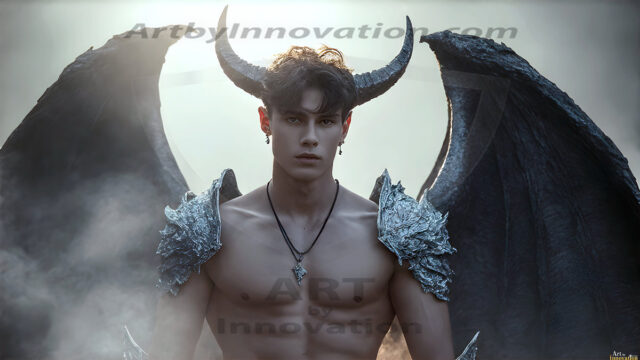 The Dragon Prince - A very attractive shirtless young male prince, with his dragon. The Dragon Prince - A very attractive shirtless young male prince, with a muscular body. Handsome, beautiful facial features, standing next to him a huge dragon, the dragon staring directly at camera, with his piercing eyes, his mouth slightly opened, degerming if we could be a threat.