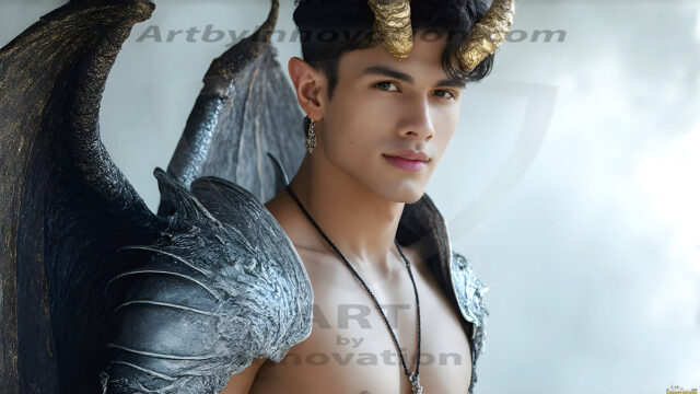 The Dragon Prince - A very attractive shirtless young male prince, with his dragon. The Dragon Prince - A very attractive shirtless young male prince, with a muscular body. Handsome, beautiful facial features, standing next to him a huge dragon, the dragon staring directly at camera, with his piercing eyes, his mouth slightly opened, degerming if we could be a threat.