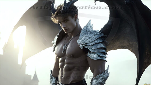 The Dragon Prince - A very attractive shirtless young male prince, with his dragon. The Dragon Prince - A very attractive shirtless young male prince, with a muscular body. Handsome, beautiful facial features, standing next to him a huge dragon, the dragon staring directly at camera, with his piercing eyes, his mouth slightly opened, degerming if we could be a threat.