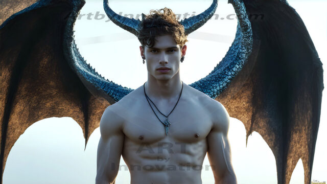 The Dragon Prince - A very attractive shirtless young male prince, with his dragon. The Dragon Prince - A very attractive shirtless young male prince, with a muscular body. Handsome, beautiful facial features, standing next to him a huge dragon, the dragon staring directly at camera, with his piercing eyes, his mouth slightly opened, degerming if we could be a threat.