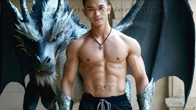 The Dragon Prince - A very attractive shirtless young male prince, with his dragon. The Dragon Prince - A very attractive shirtless young male prince, with a muscular body. Handsome, beautiful facial features, standing next to him a huge dragon, the dragon staring directly at camera, with his piercing eyes, his mouth slightly opened, degerming if we could be a threat.