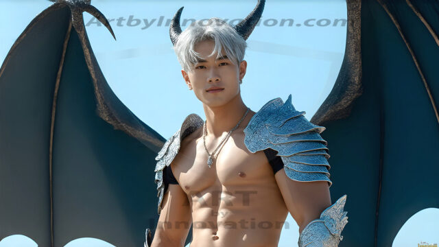 The Dragon Prince - A very attractive shirtless young male prince, with his dragon. The Dragon Prince - A very attractive shirtless young male prince, with a muscular body. Handsome, beautiful facial features, standing next to him a huge dragon, the dragon staring directly at camera, with his piercing eyes, his mouth slightly opened, degerming if we could be a threat.