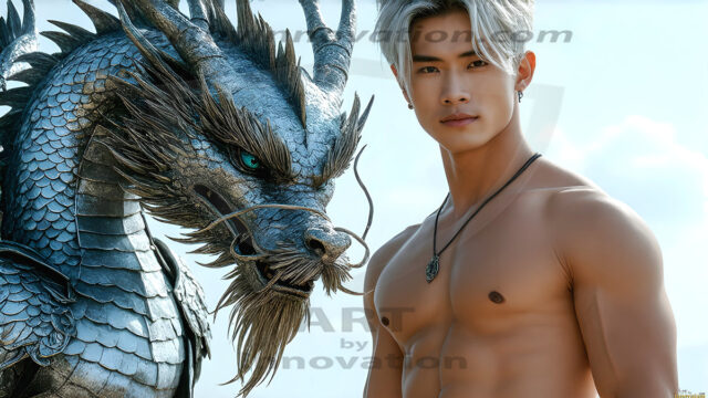 The Dragon Prince - A very attractive shirtless young male prince, with his dragon. The Dragon Prince - A very attractive shirtless young male prince, with a muscular body. Handsome, beautiful facial features, standing next to him a huge dragon, the dragon staring directly at camera, with his piercing eyes, his mouth slightly opened, degerming if we could be a threat.