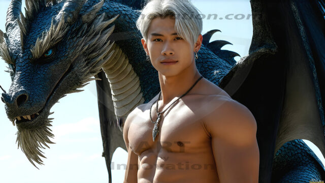 The Dragon Prince - A very attractive shirtless young male prince, with his dragon. The Dragon Prince - A very attractive shirtless young male prince, with a muscular body. Handsome, beautiful facial features, standing next to him a huge dragon, the dragon staring directly at camera, with his piercing eyes, his mouth slightly opened, degerming if we could be a threat.