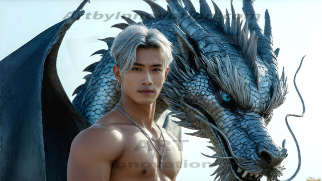 The Dragon Prince - A very attractive shirtless young male prince, with his dragon. The Dragon Prince - A very attractive shirtless young male prince, with a muscular body. Handsome, beautiful facial features, standing next to him a huge dragon, the dragon staring directly at camera, with his piercing eyes, his mouth slightly opened, degerming if we could be a threat.