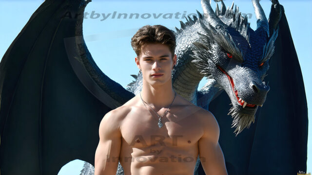 The Dragon Prince - A very attractive shirtless young male prince, with his dragon. The Dragon Prince - A very attractive shirtless young male prince, with a muscular body. Handsome, beautiful facial features, standing next to him a huge dragon, the dragon staring directly at camera, with his piercing eyes, his mouth slightly opened, degerming if we could be a threat.