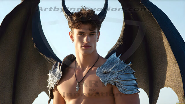 The Dragon Prince - A very attractive shirtless young male prince, with his dragon. The Dragon Prince - A very attractive shirtless young male prince, with a muscular body. Handsome, beautiful facial features, standing next to him a huge dragon, the dragon staring directly at camera, with his piercing eyes, his mouth slightly opened, degerming if we could be a threat.