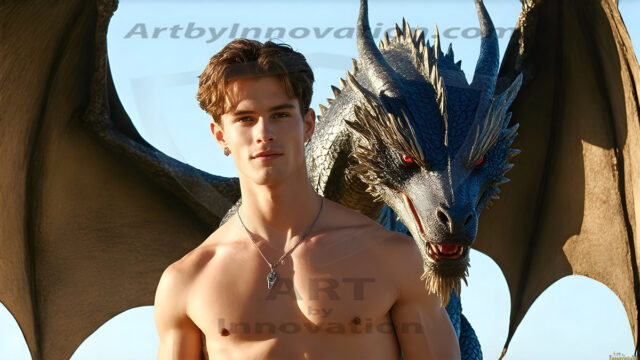 The Dragon Prince - A very attractive shirtless young male prince, with his dragon. The Dragon Prince - A very attractive shirtless young male prince, with a muscular body. Handsome, beautiful facial features, standing next to him a huge dragon, the dragon staring directly at camera, with his piercing eyes, his mouth slightly opened, degerming if we could be a threat.