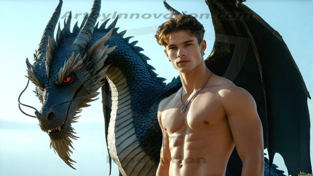 The Dragon Prince - A very attractive shirtless young male prince, with his dragon. The Dragon Prince - A very attractive shirtless young male prince, with a muscular body. Handsome, beautiful facial features, standing next to him a huge dragon, the dragon staring directly at camera, with his piercing eyes, his mouth slightly opened, degerming if we could be a threat.