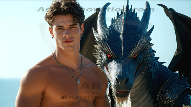 The Dragon Prince - A very attractive shirtless young male prince, with his dragon. The Dragon Prince - A very attractive shirtless young male prince, with a muscular body. Handsome, beautiful facial features, standing next to him a huge dragon, the dragon staring directly at camera, with his piercing eyes, his mouth slightly opened, degerming if we could be a threat.