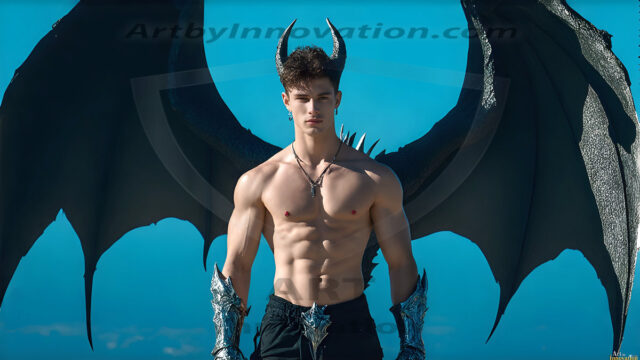 The Dragon Prince - A very attractive shirtless young male prince, with his dragon. The Dragon Prince - A very attractive shirtless young male prince, with a muscular body. Handsome, beautiful facial features, standing next to him a huge dragon, the dragon staring directly at camera, with his piercing eyes, his mouth slightly opened, degerming if we could be a threat.
