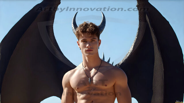 The Dragon Prince - A very attractive shirtless young male prince, with his dragon. The Dragon Prince - A very attractive shirtless young male prince, with a muscular body. Handsome, beautiful facial features, standing next to him a huge dragon, the dragon staring directly at camera, with his piercing eyes, his mouth slightly opened, degerming if we could be a threat.