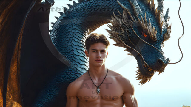 The Dragon Prince - A very attractive shirtless young male prince, with his dragon. The Dragon Prince - A very attractive shirtless young male prince, with a muscular body. Handsome, beautiful facial features, standing next to him a huge dragon, the dragon staring directly at camera, with his piercing eyes, his mouth slightly opened, degerming if we could be a threat.