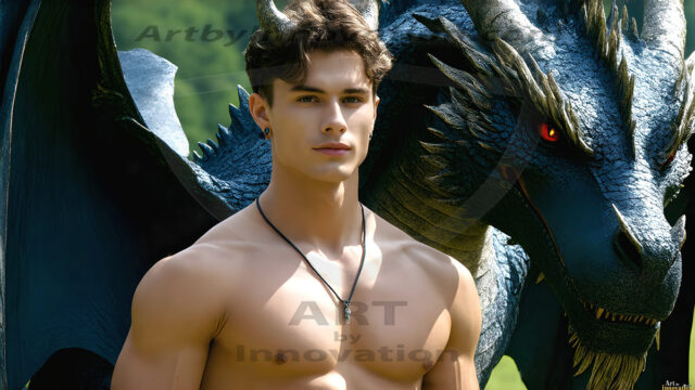 The Dragon Prince - A very attractive shirtless young male prince, with his dragon. The Dragon Prince - A very attractive shirtless young male prince, with a muscular body. Handsome, beautiful facial features, standing next to him a huge dragon, the dragon staring directly at camera, with his piercing eyes, his mouth slightly opened, degerming if we could be a threat.