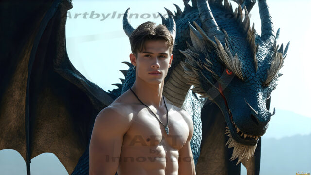 The Dragon Prince - A very attractive shirtless young male prince, with his dragon. The Dragon Prince - A very attractive shirtless young male prince, with a muscular body. Handsome, beautiful facial features, standing next to him a huge dragon, the dragon staring directly at camera, with his piercing eyes, his mouth slightly opened, degerming if we could be a threat.