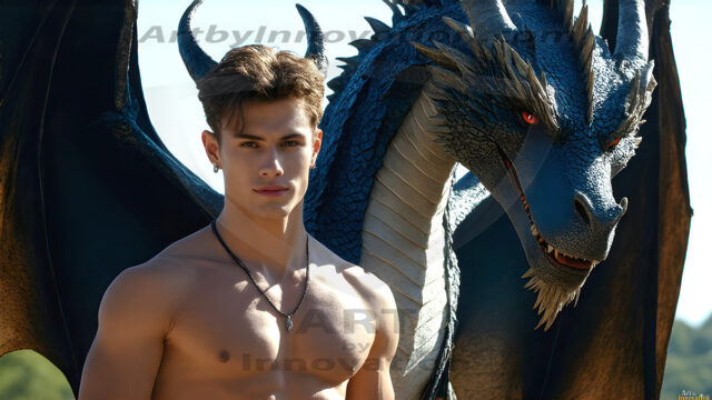 The Dragon Prince - A very attractive shirtless young male prince, with his dragon. The Dragon Prince - A very attractive shirtless young male prince, with a muscular body. Handsome, beautiful facial features, standing next to him a huge dragon, the dragon staring directly at camera, with his piercing eyes, his mouth slightly opened, degerming if we could be a threat.