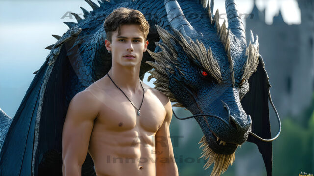 The Dragon Prince - A very attractive shirtless young male prince, with his dragon. The Dragon Prince - A very attractive shirtless young male prince, with a muscular body. Handsome, beautiful facial features, standing next to him a huge dragon, the dragon staring directly at camera, with his piercing eyes, his mouth slightly opened, degerming if we could be a threat.
