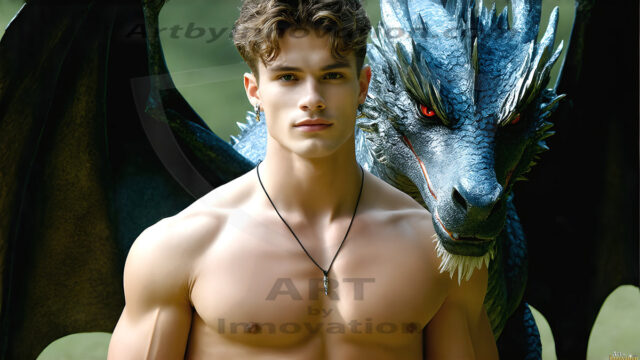 The Dragon Prince - A very attractive shirtless young male prince, with his dragon. The Dragon Prince - A very attractive shirtless young male prince, with a muscular body. Handsome, beautiful facial features, standing next to him a huge dragon, the dragon staring directly at camera, with his piercing eyes, his mouth slightly opened, degerming if we could be a threat.