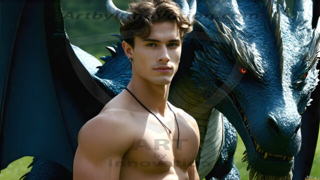 The Dragon Prince - A very attractive shirtless young male prince, with his dragon. The Dragon Prince - A very attractive shirtless young male prince, with a muscular body. Handsome, beautiful facial features, standing next to him a huge dragon, the dragon staring directly at camera, with his piercing eyes, his mouth slightly opened, degerming if we could be a threat.