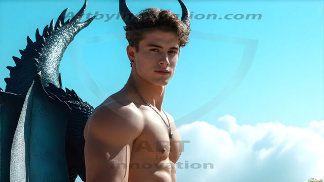The Dragon Prince - A very attractive shirtless young male prince, with his dragon. The Dragon Prince - A very attractive shirtless young male prince, with a muscular body. Handsome, beautiful facial features, standing next to him a huge dragon, the dragon staring directly at camera, with his piercing eyes, his mouth slightly opened, degerming if we could be a threat.