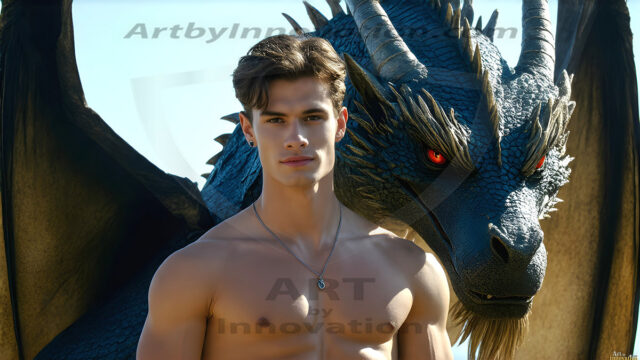 The Dragon Prince - A very attractive shirtless young male prince, with his dragon. The Dragon Prince - A very attractive shirtless young male prince, with a muscular body. Handsome, beautiful facial features, standing next to him a huge dragon, the dragon staring directly at camera, with his piercing eyes, his mouth slightly opened, degerming if we could be a threat.
