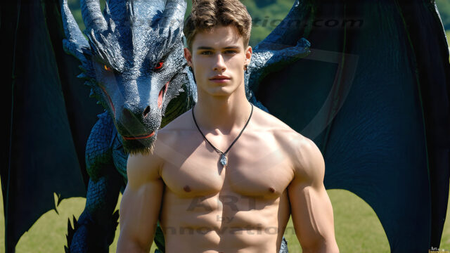 The Dragon Prince - A very attractive shirtless young male prince, with his dragon. The Dragon Prince - A very attractive shirtless young male prince, with a muscular body. Handsome, beautiful facial features, standing next to him a huge dragon, the dragon staring directly at camera, with his piercing eyes, his mouth slightly opened, degerming if we could be a threat.