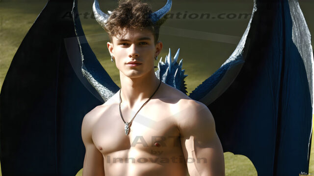 The Dragon Prince - A very attractive shirtless young male prince, with his dragon. The Dragon Prince - A very attractive shirtless young male prince, with a muscular body. Handsome, beautiful facial features, standing next to him a huge dragon, the dragon staring directly at camera, with his piercing eyes, his mouth slightly opened, degerming if we could be a threat.