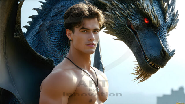 The Dragon Prince - A very attractive shirtless young male prince, with his dragon. The Dragon Prince - A very attractive shirtless young male prince, with a muscular body. Handsome, beautiful facial features, standing next to him a huge dragon, the dragon staring directly at camera, with his piercing eyes, his mouth slightly opened, degerming if we could be a threat.