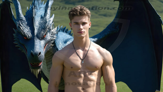 The Dragon Prince - A very attractive shirtless young male prince, with his dragon. The Dragon Prince - A very attractive shirtless young male prince, with a muscular body. Handsome, beautiful facial features, standing next to him a huge dragon, the dragon staring directly at camera, with his piercing eyes, his mouth slightly opened, degerming if we could be a threat.