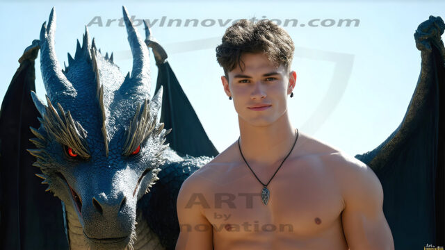 The Dragon Prince - A very attractive shirtless young male prince, with his dragon. The Dragon Prince - A very attractive shirtless young male prince, with a muscular body. Handsome, beautiful facial features, standing next to him a huge dragon, the dragon staring directly at camera, with his piercing eyes, his mouth slightly opened, degerming if we could be a threat.