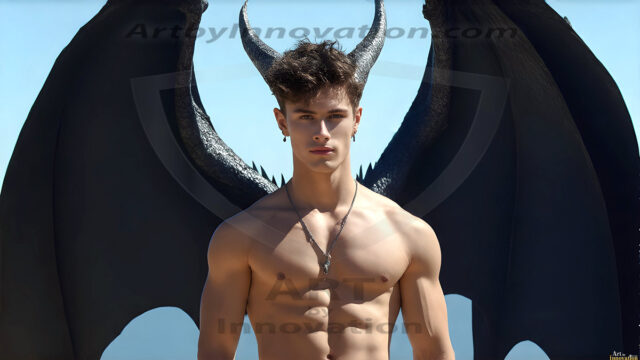 The Dragon Prince - A very attractive shirtless young male prince, with his dragon. The Dragon Prince - A very attractive shirtless young male prince, with a muscular body. Handsome, beautiful facial features, standing next to him a huge dragon, the dragon staring directly at camera, with his piercing eyes, his mouth slightly opened, degerming if we could be a threat.
