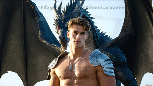 The Dragon Prince - A very attractive shirtless young male prince, with his dragon. The Dragon Prince - A very attractive shirtless young male prince, with a muscular body. Handsome, beautiful facial features, standing next to him a huge dragon, the dragon staring directly at camera, with his piercing eyes, his mouth slightly opened, degerming if we could be a threat.
