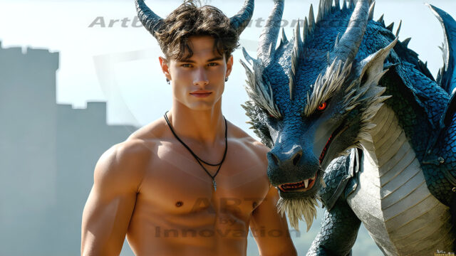 The Dragon Prince - A very attractive shirtless young male prince, with his dragon. The Dragon Prince - A very attractive shirtless young male prince, with a muscular body. Handsome, beautiful facial features, standing next to him a huge dragon, the dragon staring directly at camera, with his piercing eyes, his mouth slightly opened, degerming if we could be a threat.