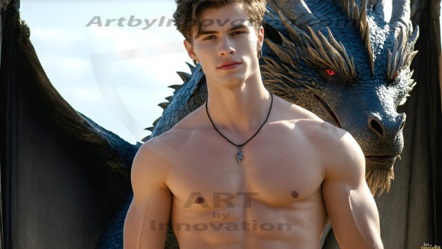 The Dragon Prince - A very attractive shirtless young male prince, with his dragon. The Dragon Prince - A very attractive shirtless young male prince, with a muscular body. Handsome, beautiful facial features, standing next to him a huge dragon, the dragon staring directly at camera, with his piercing eyes, his mouth slightly opened, degerming if we could be a threat.