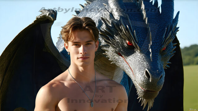 The Dragon Prince - A very attractive shirtless young male prince, with his dragon. The Dragon Prince - A very attractive shirtless young male prince, with a muscular body. Handsome, beautiful facial features, standing next to him a huge dragon, the dragon staring directly at camera, with his piercing eyes, his mouth slightly opened, degerming if we could be a threat.