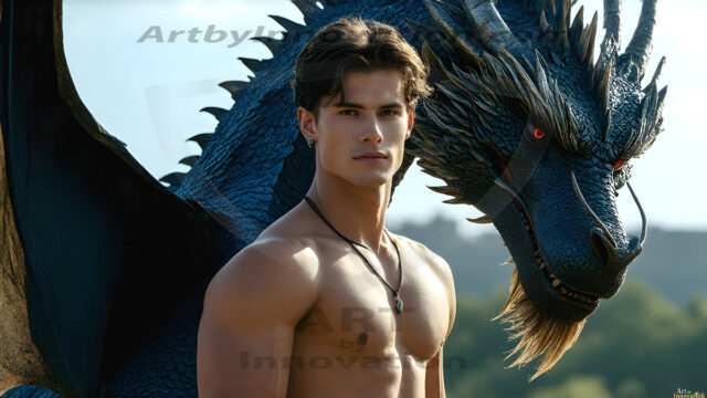 The Dragon Prince - A very attractive shirtless young male prince, with his dragon. The Dragon Prince - A very attractive shirtless young male prince, with a muscular body. Handsome, beautiful facial features, standing next to him a huge dragon, the dragon staring directly at camera, with his piercing eyes, his mouth slightly opened, degerming if we could be a threat.
